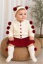 Baby Girl Pompom Knitwear 4 Piece Set Cardigan Skirt Bandana Socks Burgundy Cream