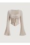 Beige Shirring Detailed Long Sleeve Crop Blouse Women's Lace-Up Spanish Sleeve Stylish Blouse - 5