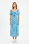 Women's Floral Patterned Square Neckline Low-Cut Chest Short Sleeve Slit Detailed Summer Stylish Model Dress - 2