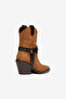 Tan Matte Suede Chain Buckle Detail Pointed Toe Western Cowboy Boots - 3