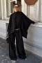 Women's Black Metal Belt Detailed Oversize Bat Sleeve Blouse Palazzo Pants Set - 6