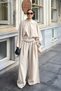 Women's Beige Metal Belt Detailed Oversize Bat Sleeve Blouse Palazzo Pants Set