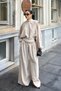 Women's Beige Metal Belt Detailed Oversize Bat Sleeve Blouse Palazzo Pants Set - 2