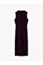Slim Fit Bodycon Draped Light High Neck Slit Sleeveless Midi Length Velvet Dress - 6