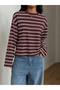 Women's Viral Burgundy Oversize Long Sleeve Striped T-Shirt 13113 - 2