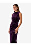 Slim Fit Bodycon Draped Light High Neck Slit Sleeveless Midi Length Velvet Dress - 2