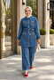 Women's Stone Detailed Pocketed Tunic and Trousers Denim Blue Two-Piece Set - 6