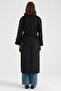 Long Premium Fabric Coat with Cape and Punto Stitching Detail Black 3183 - 7