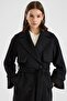 Long Premium Fabric Coat with Cape and Punto Stitching Detail Black 3183 - 3