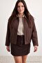 Brown Cotton Fabric Suede Epaulet Collar Detailed Oversize Fit Bomber Jacket Plus Size Coat Twoaw27Aw00027 - 2