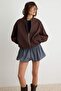 Koyu Kahverengi Fermuarlı Oversize Kalın İçi Polarlı Örme Hırka/Sweatshirt TWOAW25SW00122