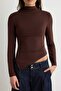 Kahverengi Fitted Büzgü/Drape Detaylı Dik Yaka Örme Bluz TWOAW25BZ00145 - 3