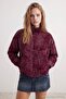 Bordo Desenli Kalın İçi Polarlı Oversize Dik Yaka Fermuarlı Örme Hırka/Sweatshirt TWOAW27SW00053