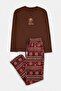 Kahverengi Regular Yılbaşı Temalı %100 Pamuk Örme Pijama Takımı TMNAW27PT00043