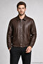 Men's Brown Zippered Casual Leather Jacket with Snap Fasteners and Elastic Waist - 4