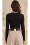 Women's Black Modal Rib Knit Fabric Window Collar Detail Long Sleeve Blouse - 8