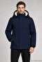 Men's Navy Blue Ribbed Coat with Fur Inside the Hood, Water and Wind Resistant - 4