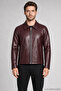 Men's Burgundy Zippered Regular Fit Faux Leather Jacket with Fur Inside - 4