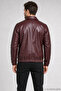Men's Burgundy Zippered Casual Leather Jacket with Snap Fasteners and Elastic Waist - 5