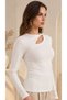 Women's Ecru Modal Rib Knit Fabric Window Collar Detail Long Sleeve Blouse - 6