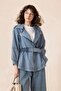 Zipper Closure, Elastic Waist and Belt Detailed Denim Jacket Blue 8257 - 4