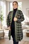 Geometric Patterned Broch Detailed Long Sleeve Shal Collar Large Size Knitting Cardigan - 3