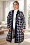 Geometric Patterned Broch Detailed Long Sleeve Shal Collar Large Size Knitting Cardigan - 3