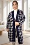 Geometric Patterned Broch Detailed Long Sleeve Shal Collar Large Size Knitting Cardigan - 2