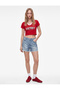 Striped V-Neck College Printed Short Sleeve Crop T-Shirt