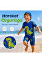 Boys Dinosaur Patterned Swimwear Set 3 Pieces Uv Protection T-Shirt Shorts Cap Blue - 5