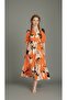 Turna Patterned Maxi Dress Double Breasted V-Neck Half Sleeve Layered Skirt Coral Orange Dress
