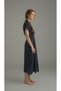 Polka Dot Shirt Dress Short Sleeve Belted Front Buttoned Navy Blue White Midi Dress - 6