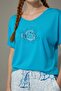 Embroidered Pajama Set Low Sleeve Sequin Embroidered Blue Top White Bottom with Coral Pattern - 2