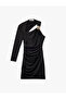 Asymmetrical Neckline Window Detail Long Sleeve Metal Accessory Mini Evening Dress - 6