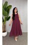 Women's Strappy Round Neck Long Viscose Two-Thread Dress with Chiffon Detail at the Hem