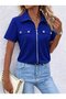 Women's short sleeve jacket with collar, zipper front, and pocket detail, imported crepe blouse with short sleeves. - 2