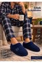 Men's Navy Blue Luxury Home Shoes Corduroy Inside Plush Non-Slip Sole Winter Home Shoes