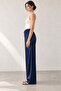 Women's Navy Blue High Waist Satin Trousers - 3