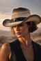 Ethnic Textured Camel Straw Cowboy Style Hat