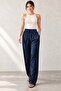 Women's Navy Blue High Waist Satin Trousers - 4