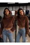 Qya Women's Black/Ecru/Brown Stand Collar Fur Sweater Crop Knitwear Winter Warm Soft Textured - 4