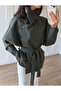 Khaki Belted Trench Coat with Leather Detail - 1115 - 3