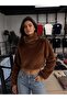 Qya Women's Black/Ecru/Brown Stand Collar Fur Sweater Crop Knitwear Winter Warm Soft Textured