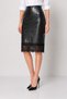 Black Faux Leather Midi Pencil Skirt with Front Stitching and Lace Detail - 5