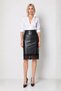 Black Faux Leather Midi Pencil Skirt with Front Stitching and Lace Detail