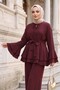 Jacquard Gofre Suit with Flared Sleeves, Flounce Detail, Wide-Legged Trousers and Belt - Burgundy - 5