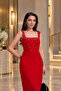 Red Square Collar Thick Strap Stone Detailed Zippered Crepe Fabric Dress - 2
