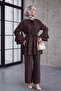 Cuffed Sleeves, Flared Wide-Leg Pants, Belted Jacquard Gofre Suit -K. Coffee - 3