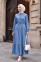 Long Denim Dress with Pearls on Shoulders and Elastic Waist - 4