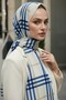 Crepe Shawl 75X195 Cream Indigo Plaid Patterned Wrinkle-Resistant Women's Shawl - 3